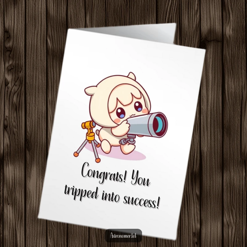 Funny Free Printable Congratulations Card: Cute character hilariously trips over a telescope, embracing the surprise of achievement.