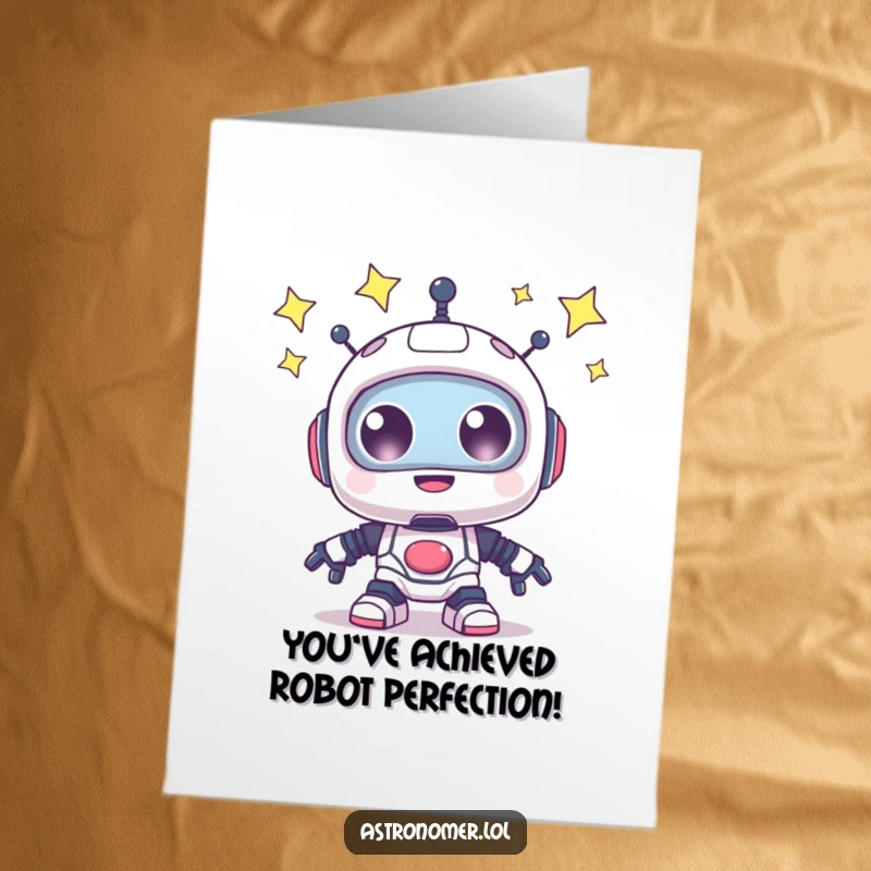 Free Printable Congratulations Card: Whimsical robot with wide, sparkling eyes gazing up at a dazzling star-filled sky.