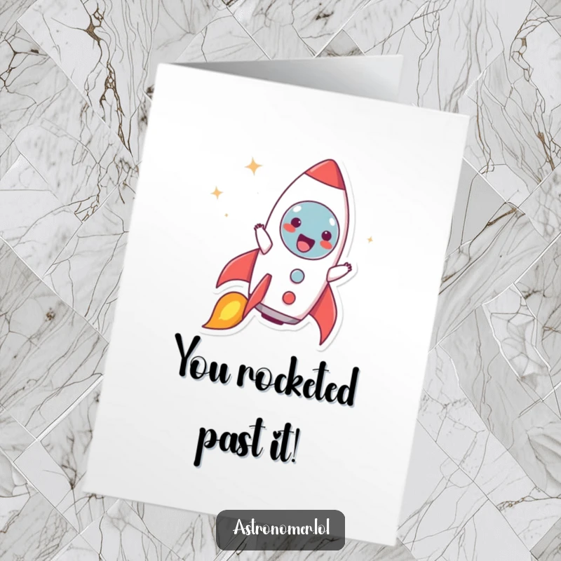 Funny Free Printable Congratulations Card: Character joyfully pretends to be a rocket ship blasting off, celebrating a major win.