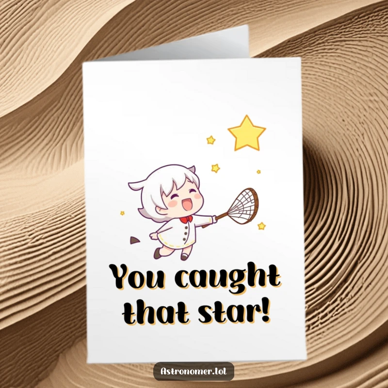 Free Printable Congratulations Card: Elated character with a net, enthusiastically pursuing a shooting star, symbolizing success, a joyful download.