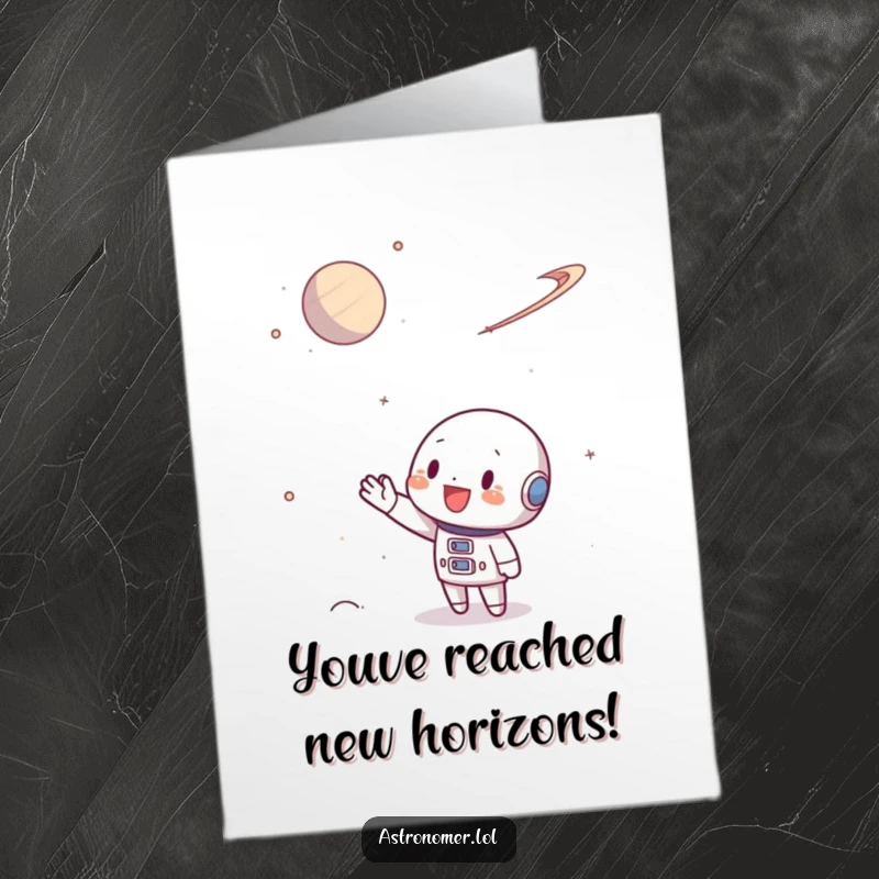 Funny Free Printable Congratulations Card: Character waving enthusiastically towards a distant, vibrant planet, celebrating success.