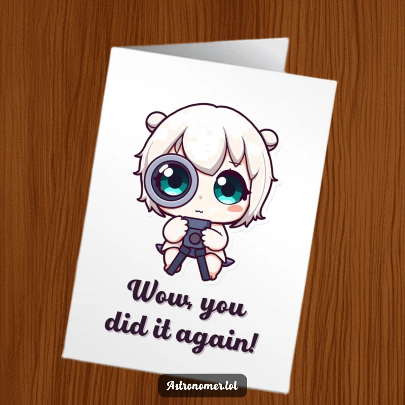 Funny Free Printable Congratulations Card: Character's eyes are comically huge peering through a telescope, celebrating your success.