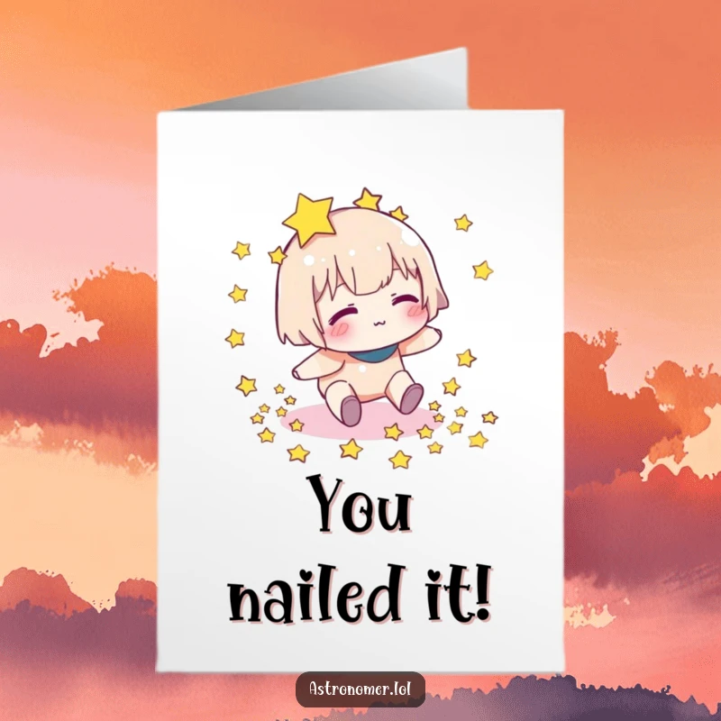 Funny free printable congratulations card depicting a character stumbling with stars, celebrating achievements with a comical mishap.