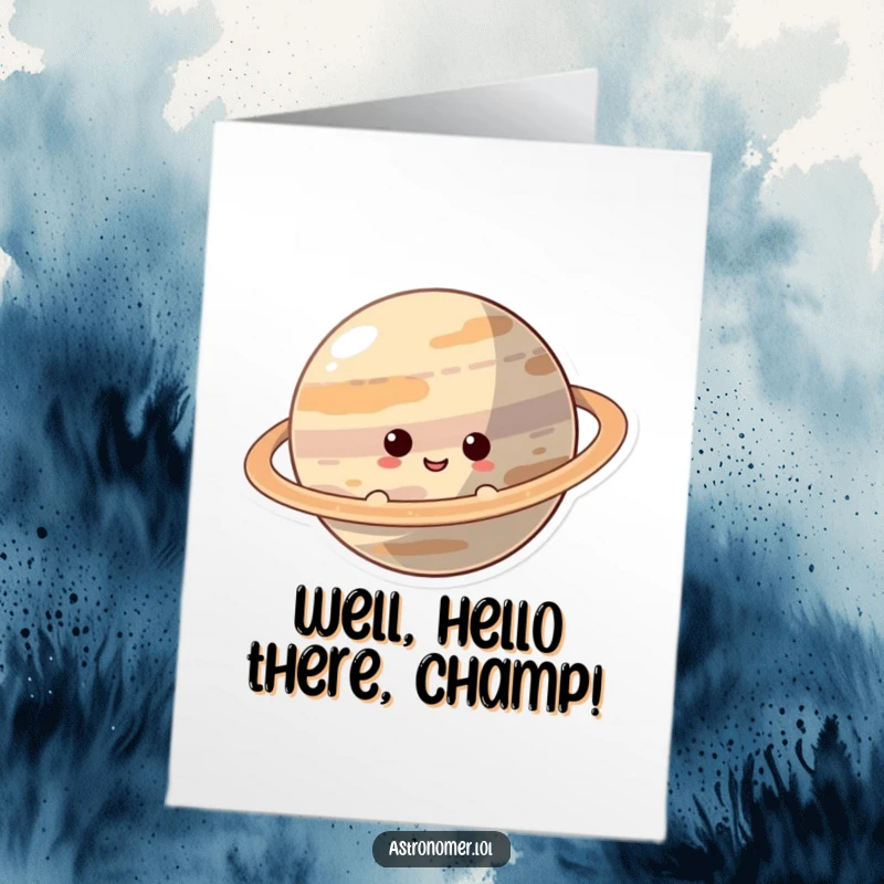 Funny Free Printable Congratulations Card: Curious character smiling as they peek from behind a ringed planet for congrats.