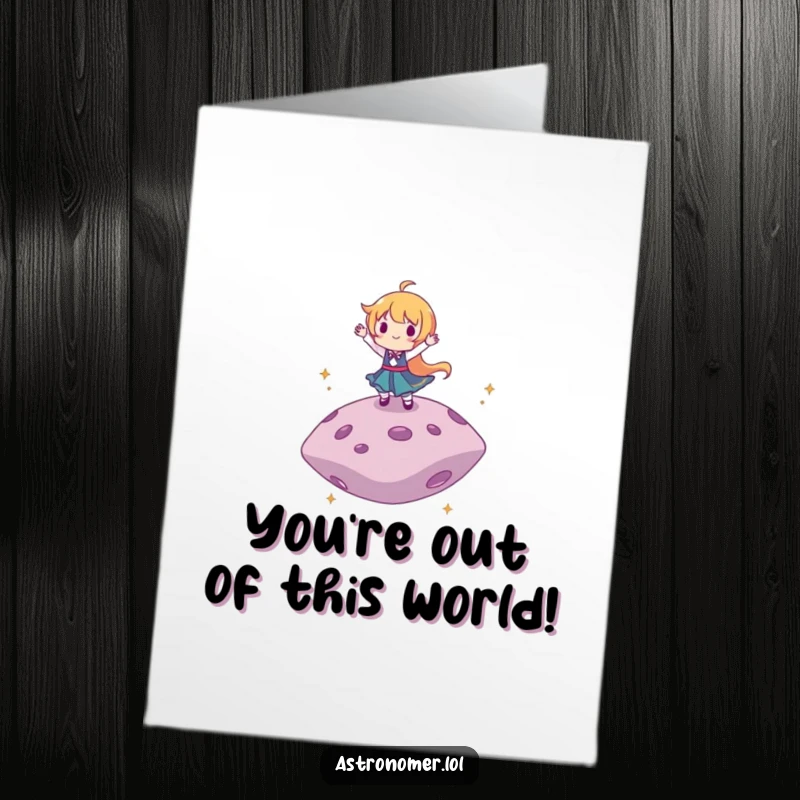 Funny free printable congratulations card of a character joyfully dancing on a floating asteroid, symbolizing a triumphant and elevated achievement.