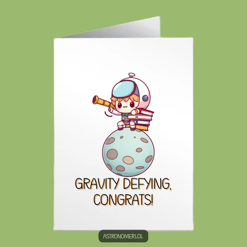 Free Printable Congrats Card: Determined Kawaii Astronomer Balancing Books Funny Downloadable Art Gift