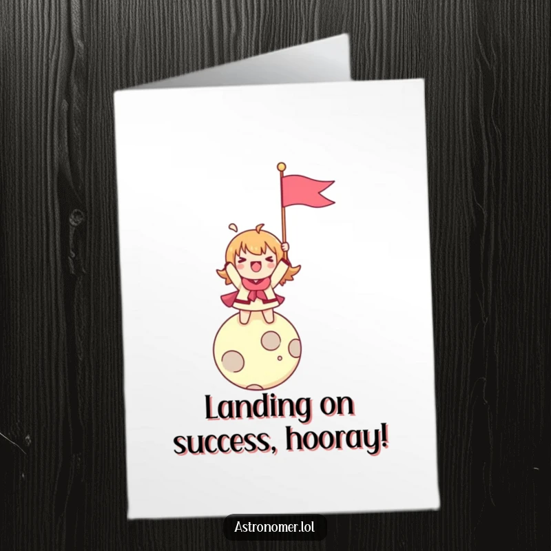 Funny Free Printable Congratulations Card: Character planting a flag on a tiny moon, celebrating a significant achievement.