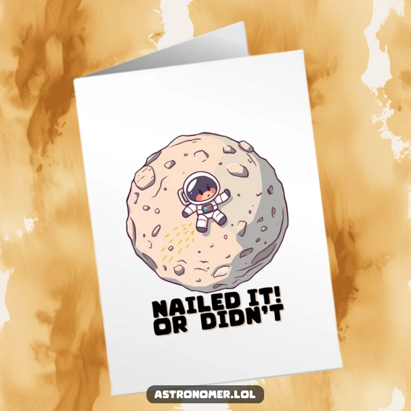 Funny Free Printable Congratulations Card: Cartoon astronaut comically crashing into an asteroid, oops moment.