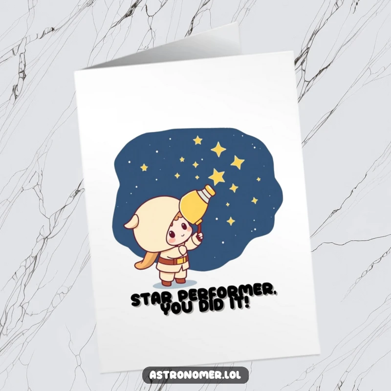 Funny Free Printable Congratulations Card: Mischievous Kawaii astronomer character playfully painting stars onto a dark night sky.