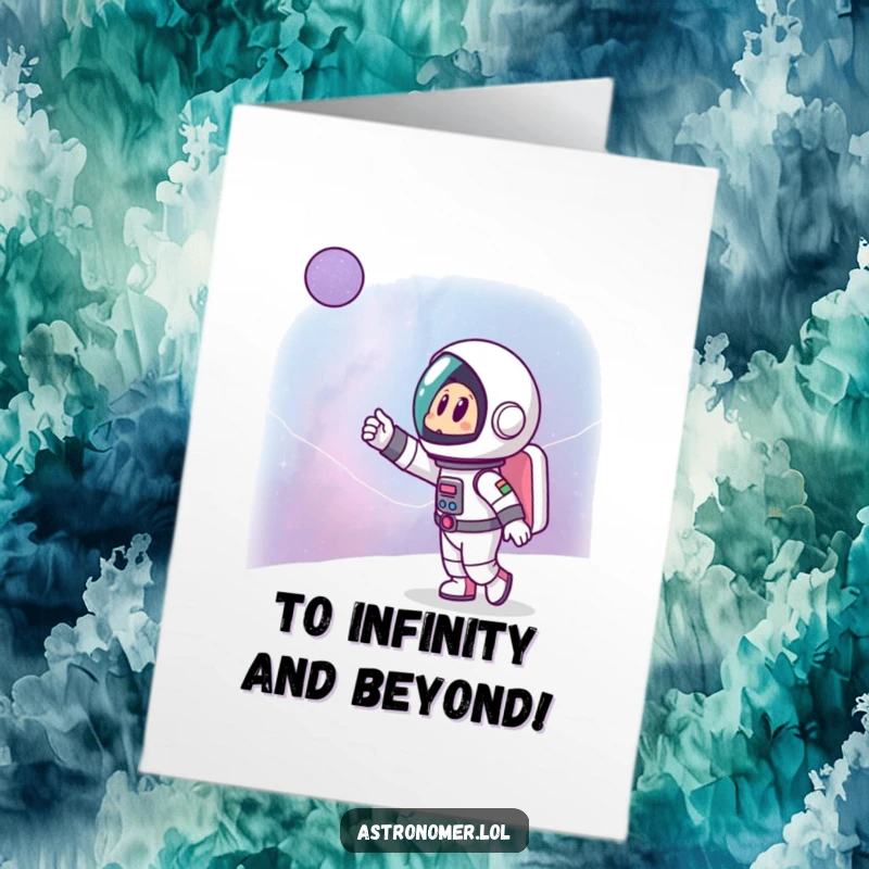 Funny Free Printable Congratulations Card: Cartoon astronaut excitedly pointing at a distant galaxy, celebrating achievement.
