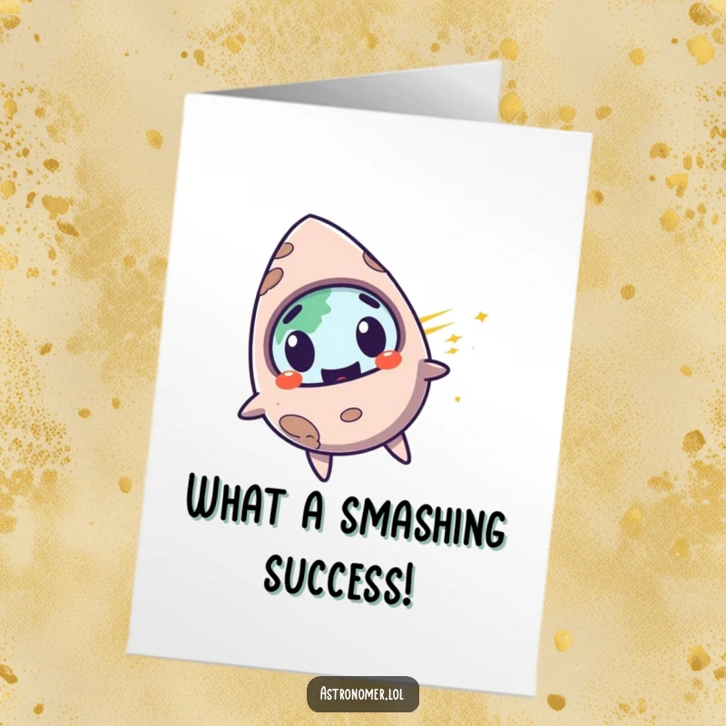 Funny Free Printable Congratulations Card: Mischievous meteorite grins as it zooms past Earth, perfect for downloadable congrats.