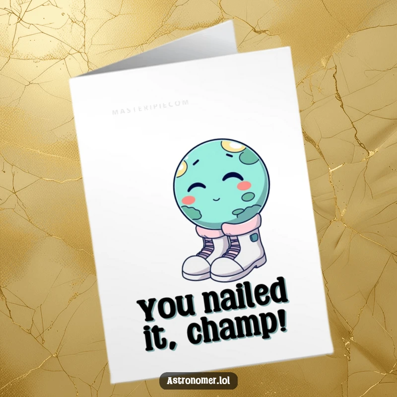 Funny Free Printable Congratulations Card: Winking planet trying to wear giant moon boots, a comical stellar achievement.