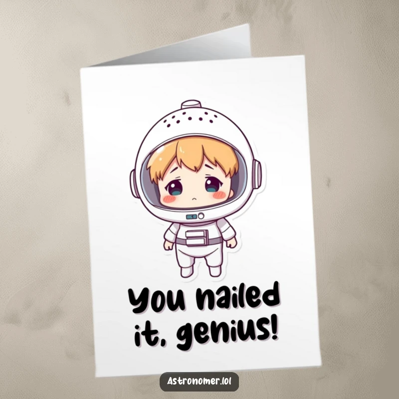 Free Printable Congratulations Card: Person sporting a colander helmet, humorously navigating life's wins, a perfect downloadable gift.