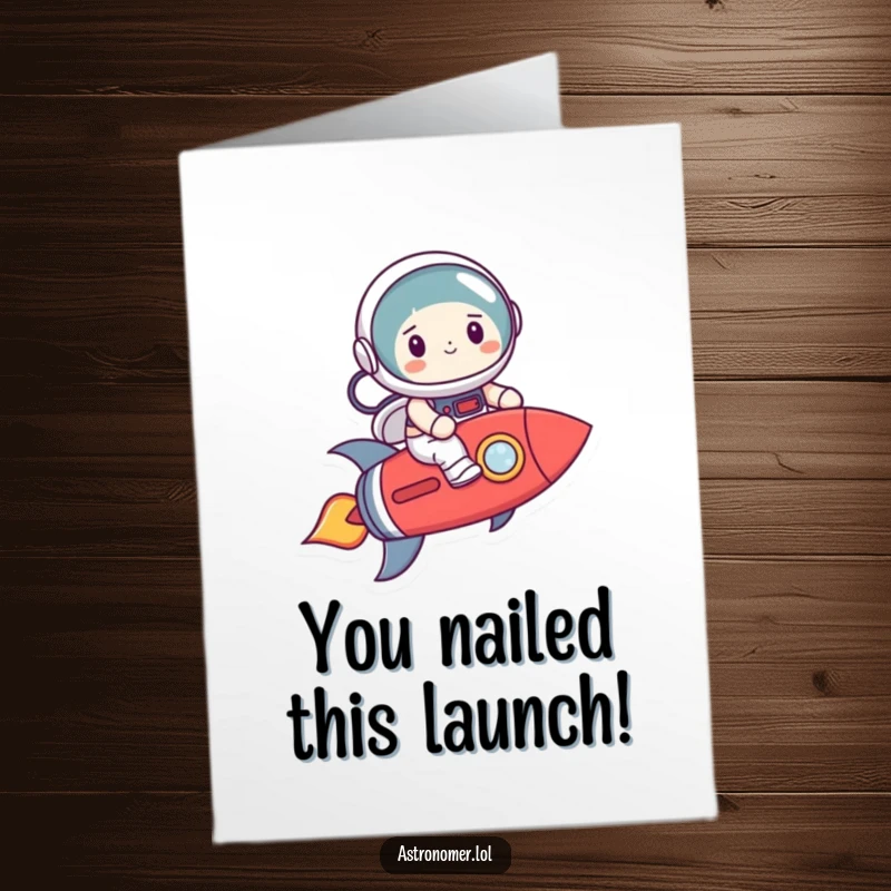 Funny Free Printable Congratulations Card: Astronaut nervously rides a crooked rocket, perfect for a downloadable achievement.