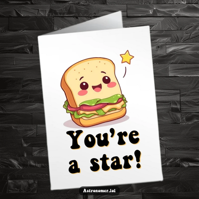 Funny Free Printable Congratulations Card: Cheerful sandwich attempting to catch a falling star, a star-struck culinary success.