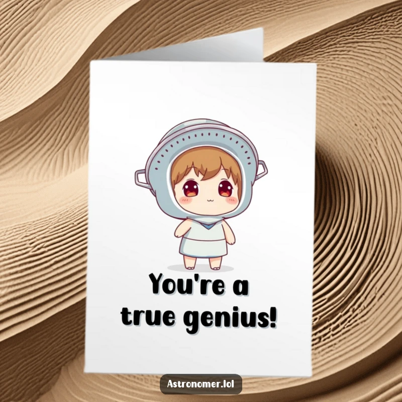 Funny free printable congratulations card featuring a character wearing a colander helmet, contemplating the sky and brilliant thoughts.