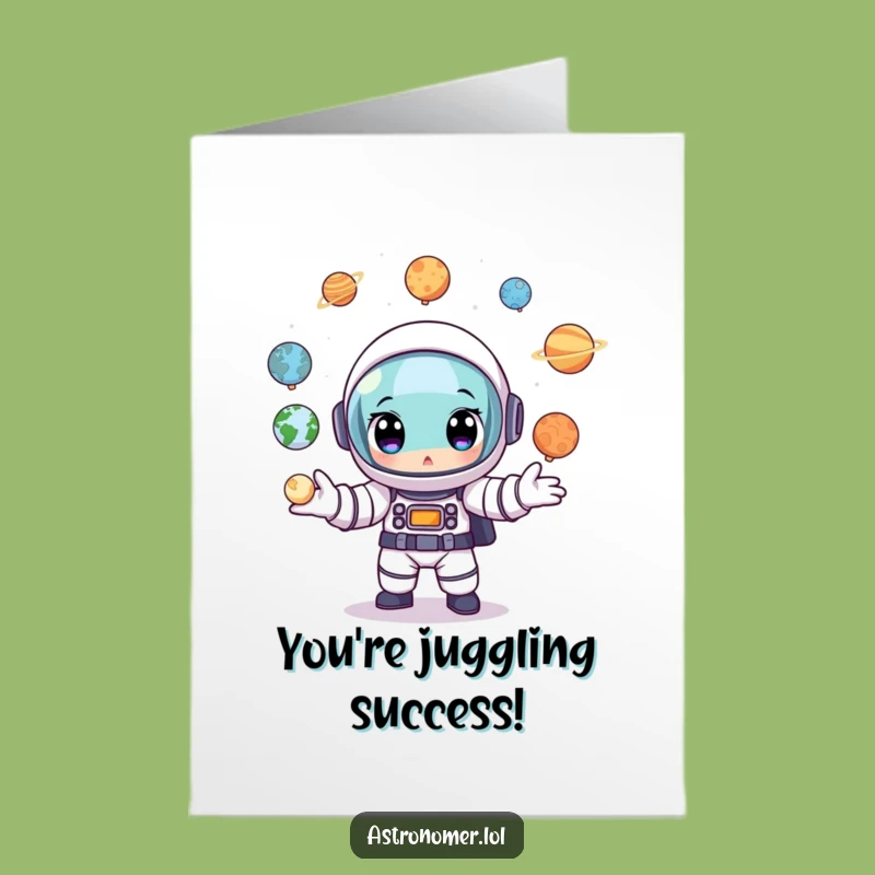 Congrats Card Free Printable: Juggling Planets Astronaut, Humorous Downloadable Gift