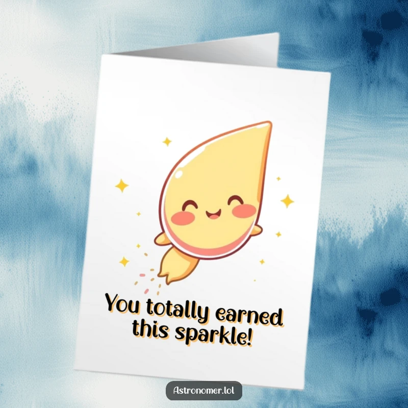 Funny Free Printable Congratulations Card: Giggling comet character scattering sparkly dust, celebrating achievements with downloadable charm.