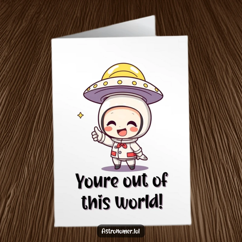 Funny Free Printable Congratulations Card: Character excitedly points at a UFO with a wide grin, celebrating discovery.