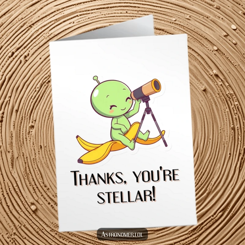 Funny Free Printable Thank You Card: Alien slips on a banana peel while stargazing, a clumsy thank you gesture.