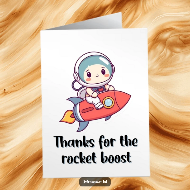 Funny Free Printable Thank You Card: Wobbly rocket ride with a smiling astronaut, a hilarious DIY thank you.