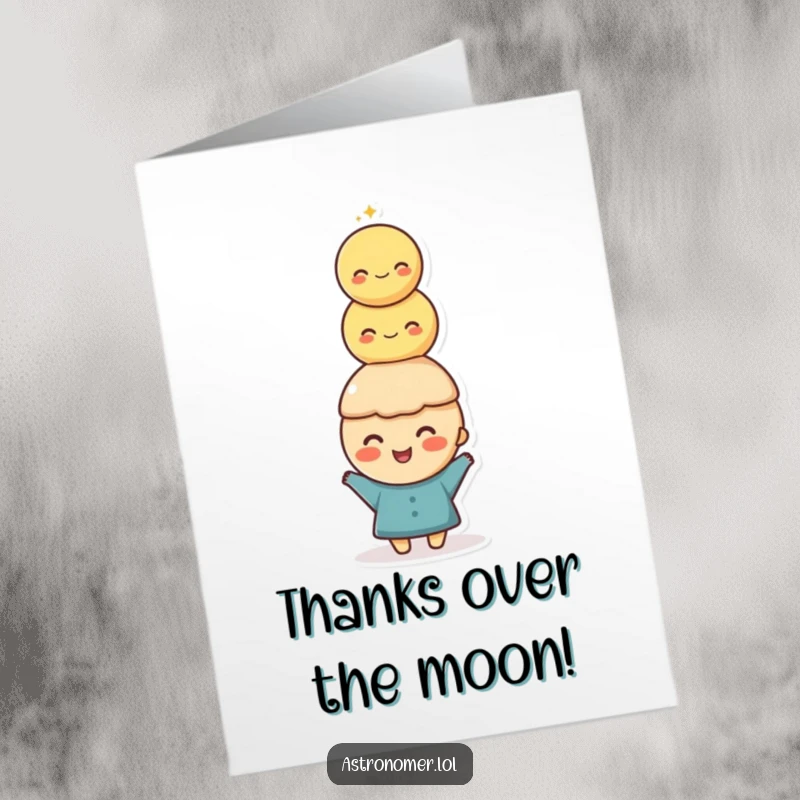 Funny Free Printable Thank You Card: Cheerful character humorously balancing a stack of moons on their head for thanks.