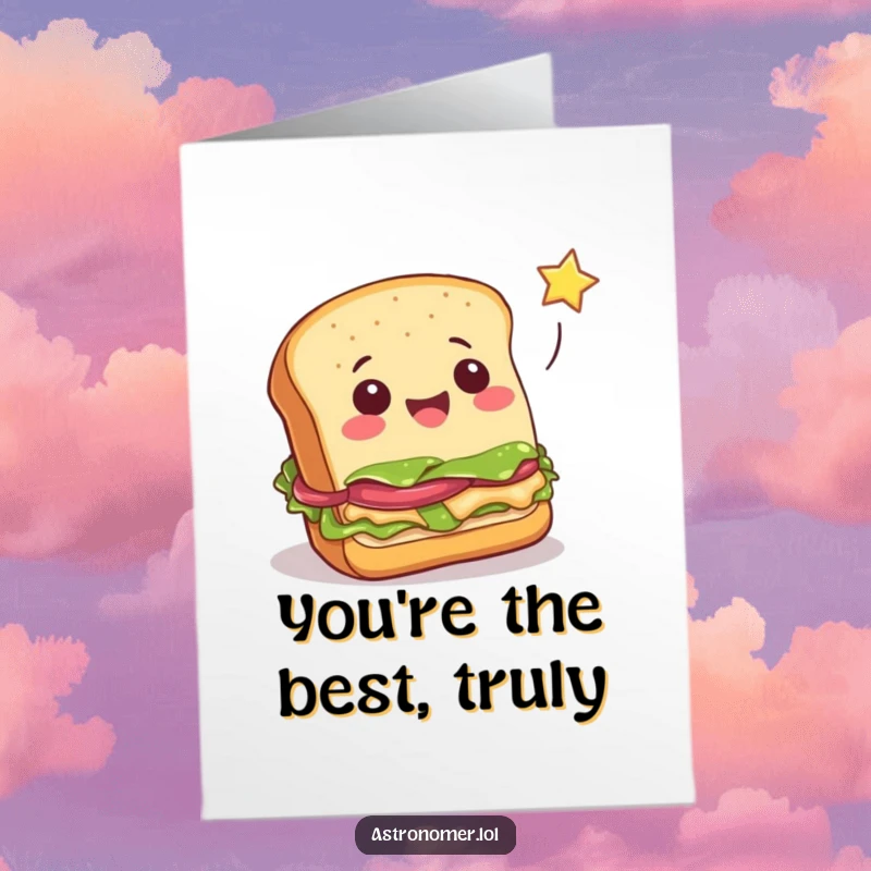 Funny Free Printable Thank You Card: Cheerful sandwich trying to catch a falling star, a grateful bite of luck.