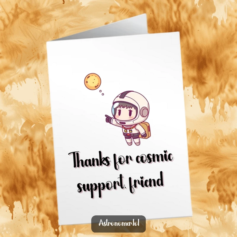 Funny Free Printable Thank You Card: Space helmeted character pointing at a galaxy, expressing thanks.