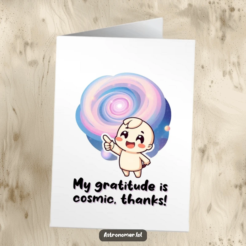 Funny Free Printable Thank You Card showing an alien pointing exuberantly at a colorful, swirling galaxy.