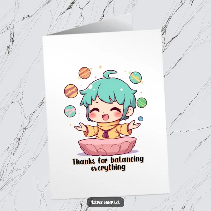 Funny Free Printable Thank You Card: Character joyfully juggles tiny planets, expressing thanks for amazing skills.