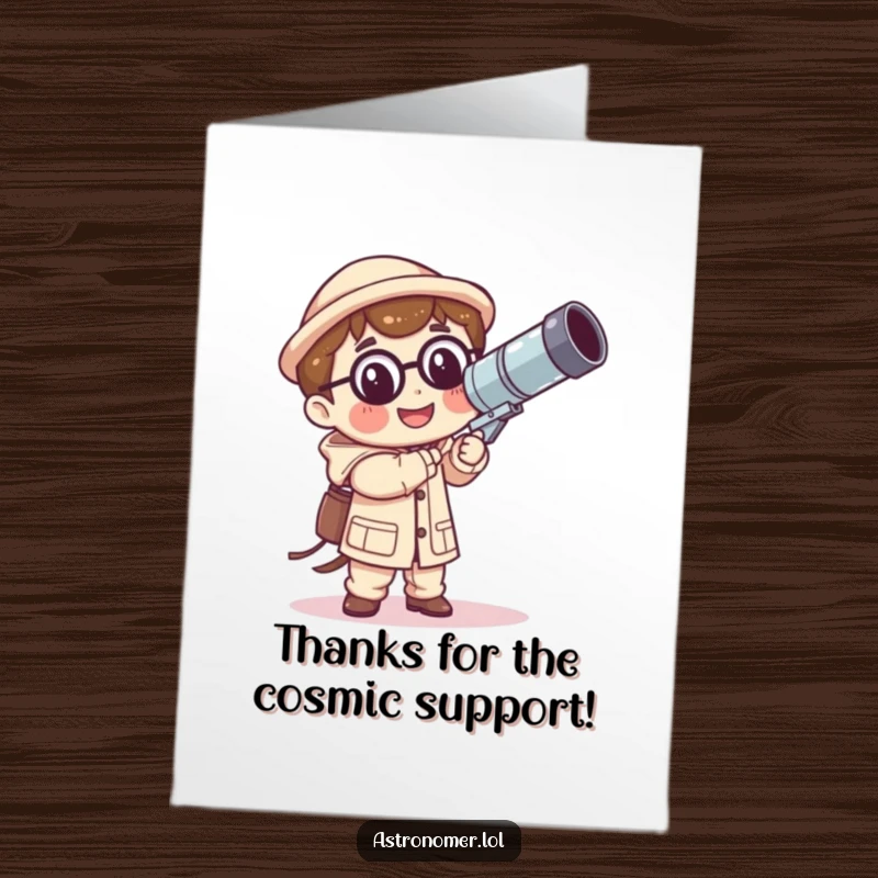 Funny Free Printable Thank You Card: Kawaii astronomer smiling with a comically large, wobbly telescope, a great way to say thanks.