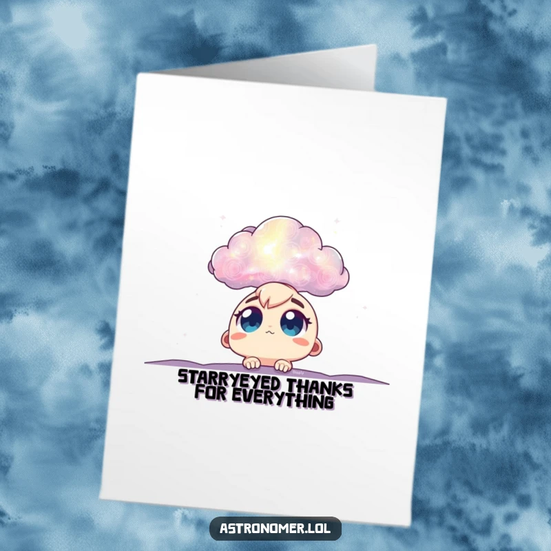 Funny Free Printable Thank You Card: Character with large eyes in wonder at a vibrant nebula, conveying thanks.