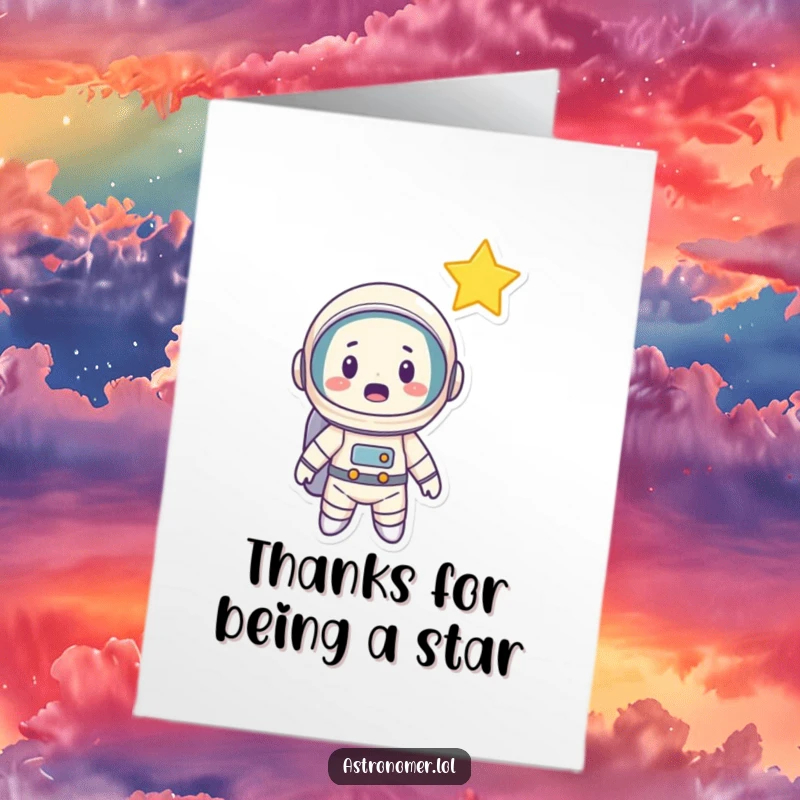 Funny Free Printable Thank You Card: Cartoon astronaut with wide eyes surprised by a shooting star, conveying thanks.