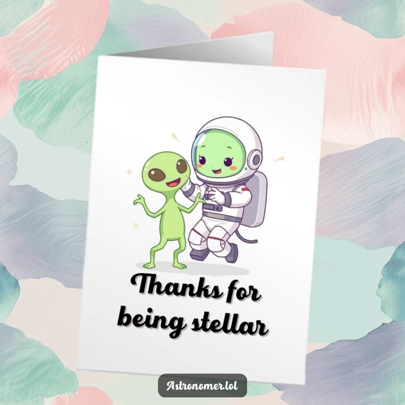 Funny Free Printable Thank You Card: Cartoon astronaut dancing with a friendly alien, a joyful expression of gratitude.