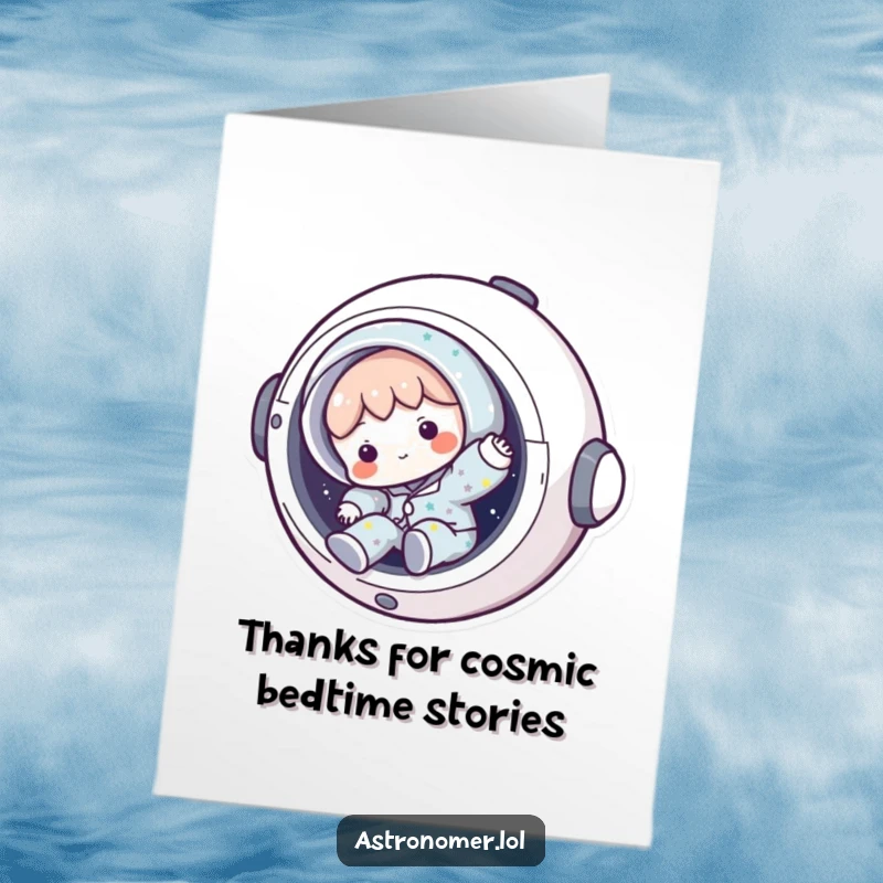 Funny Free Printable Thank You Card: Character in starry pajamas falling out of a spaceship, sending thanks.