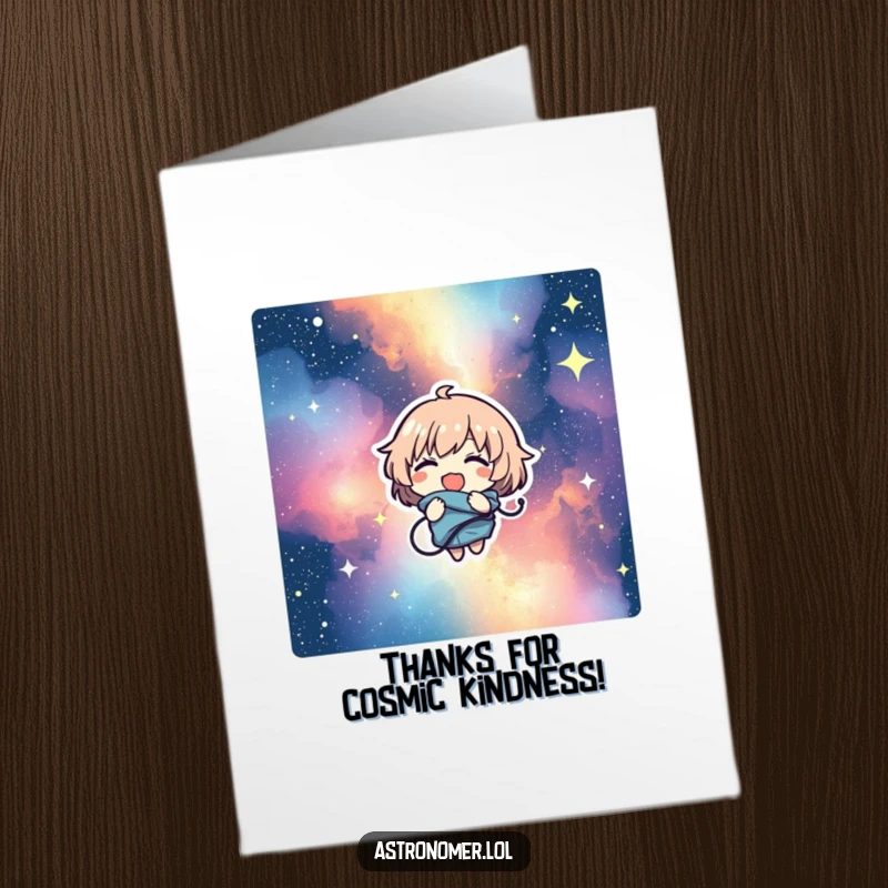 Funny Free Printable Thank You Card: Character comically tangled in a starry nebula, sending thanks with a laugh.