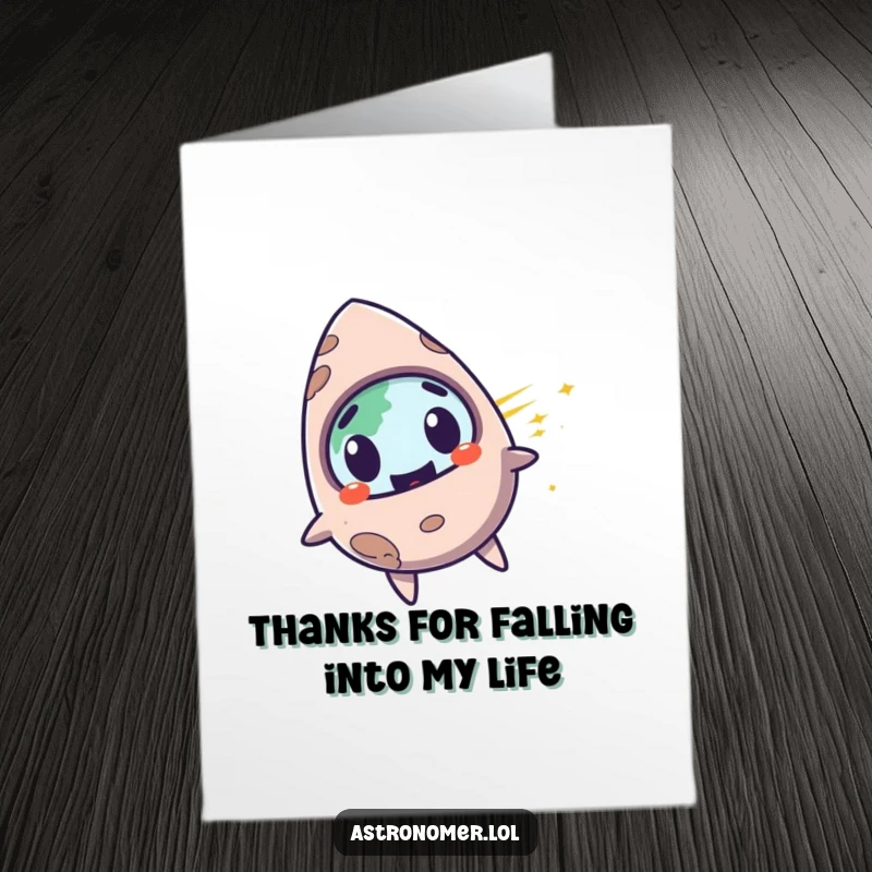 Funny Free Printable Thank You Card: A surprised meteorite with a mischievous grin zooms by Earth, great for DIY thanks.