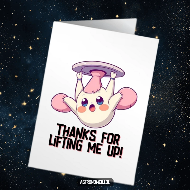 Funny Free Printable Thank You Card: Surprised creature floats dazed and upside down in zero gravity, thanking you.