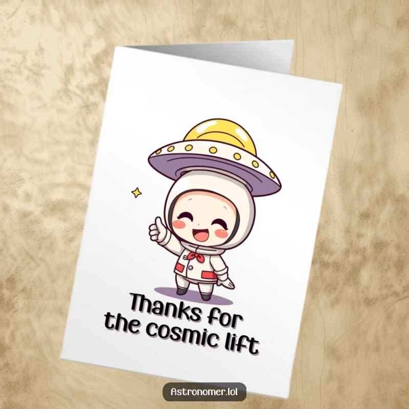Funny Free Printable Thank You Card: Character gleefully points at a flying saucer, expressing humorous thanks.