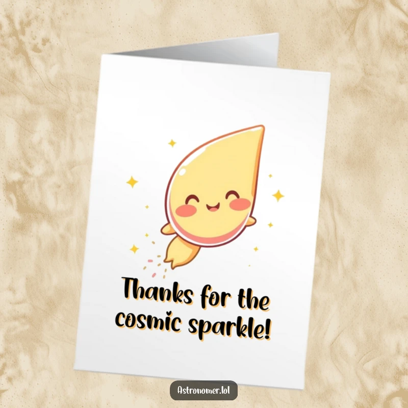 Funny Free Printable Thank You Card: Giggling comet character leaving a sparkly trail, expressing gratitude with downloadable humor.