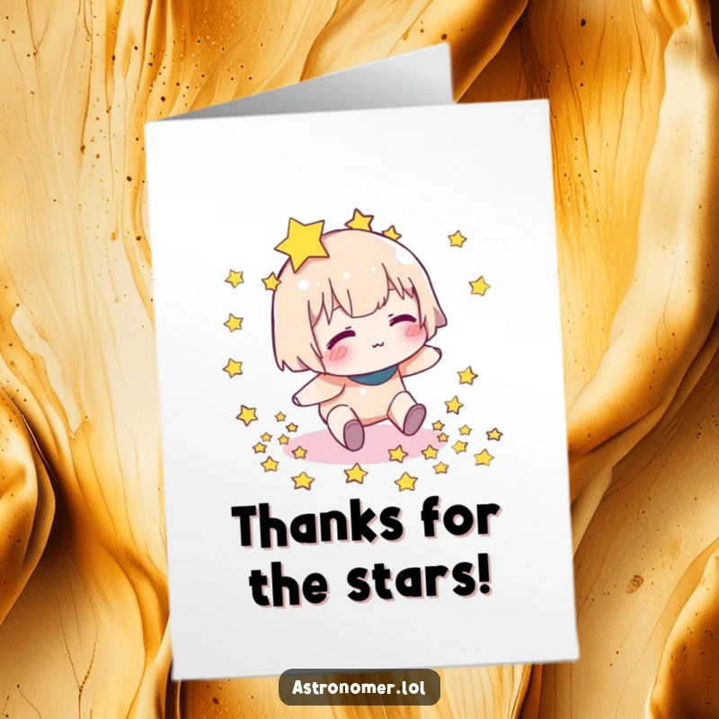 Funny free printable thank you card with a character dropping stars, expressing thanks with a humorous, clumsy charm.