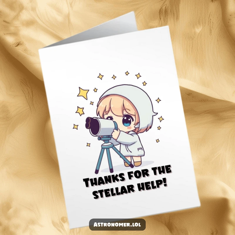 Funny Free Printable Thank You Card depicting an alien with stars around its head looking through a telescope.