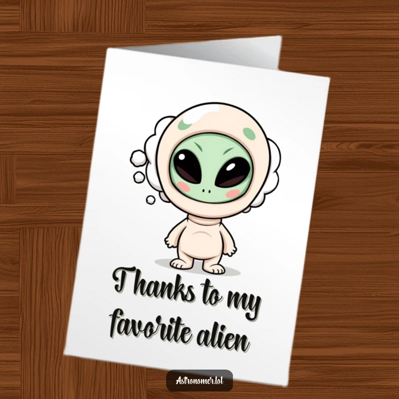 Funny Free Printable Thank You Card: Character with a funny alien face in a thought bubble.