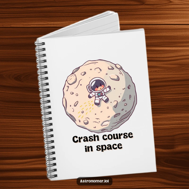 Funny notebook with a cartoon astronaut comically crashing into a large asteroid on the cover, ideal for note-taking with humor.
