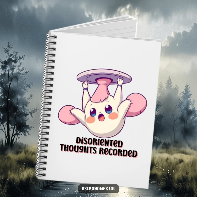 Funny notebook featuring a dazed creature floating upside down in zero gravity, ideal for jotting down notes with a whimsical, cosmic flair.
