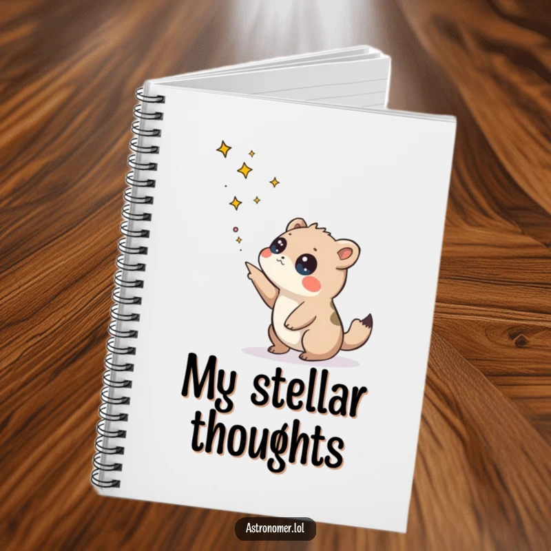 Funny notebook with a curious creature pointing at stars, designed for jotting down ideas with a cosmic twist.