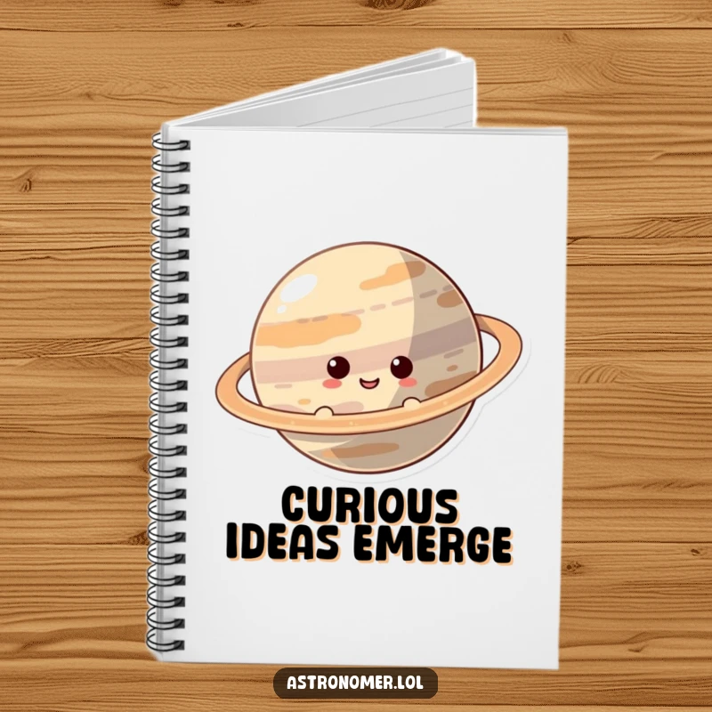 Funny Notebook: A curious character smiles while peeking from behind a ringed planet, inspiring inquisitive writing and ideas.