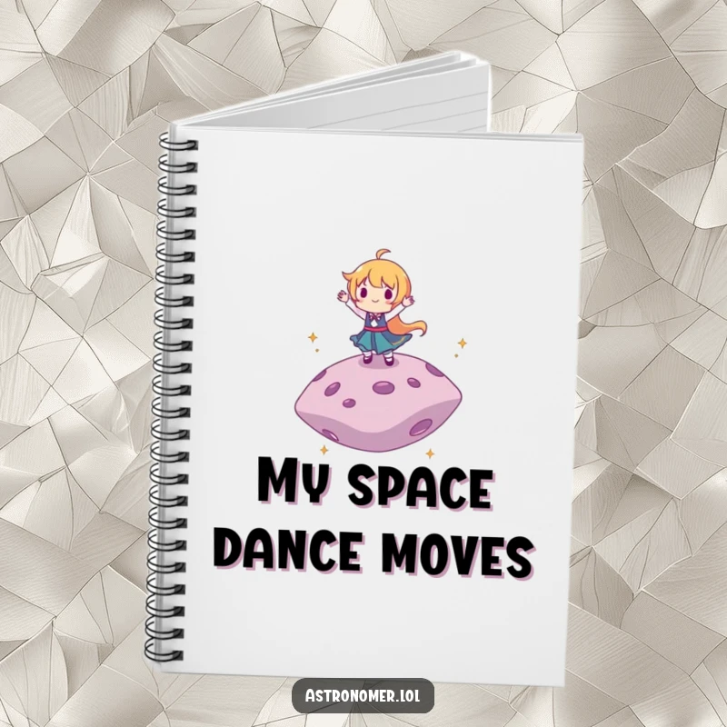 Funny notebook cover with a character dancing on a floating asteroid, ideal for writing down thoughts with a joyful, cosmic theme.
