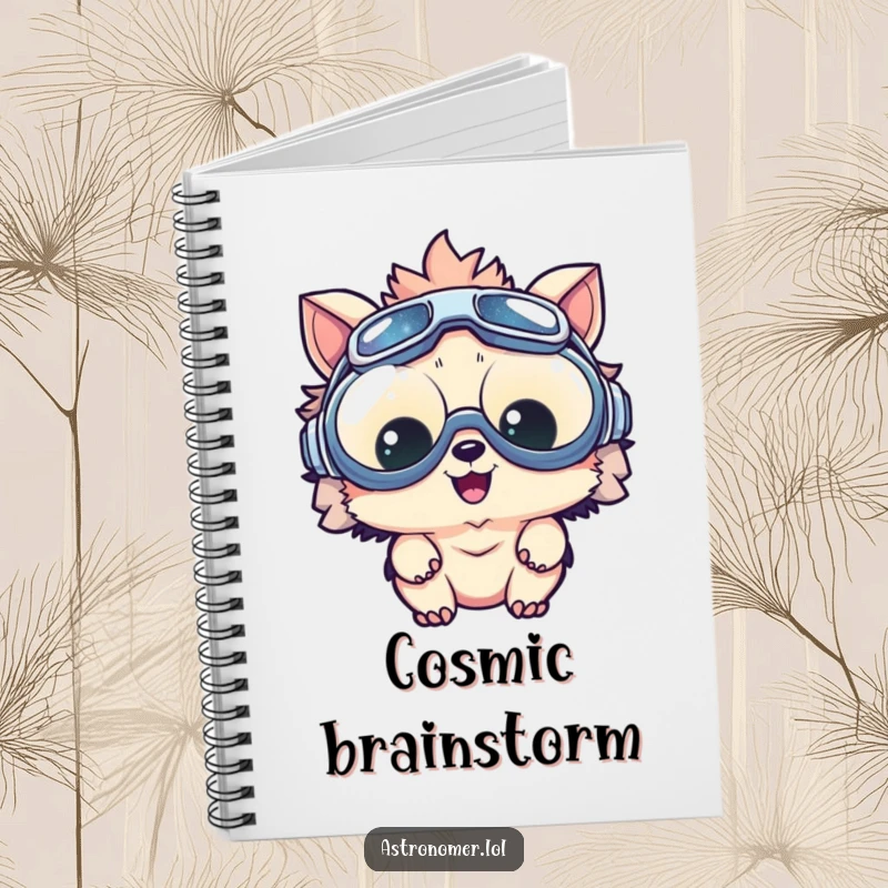 Funny notebook featuring a delighted creature wearing oversized goggles, looking at a small galaxy, for jotting down ideas.