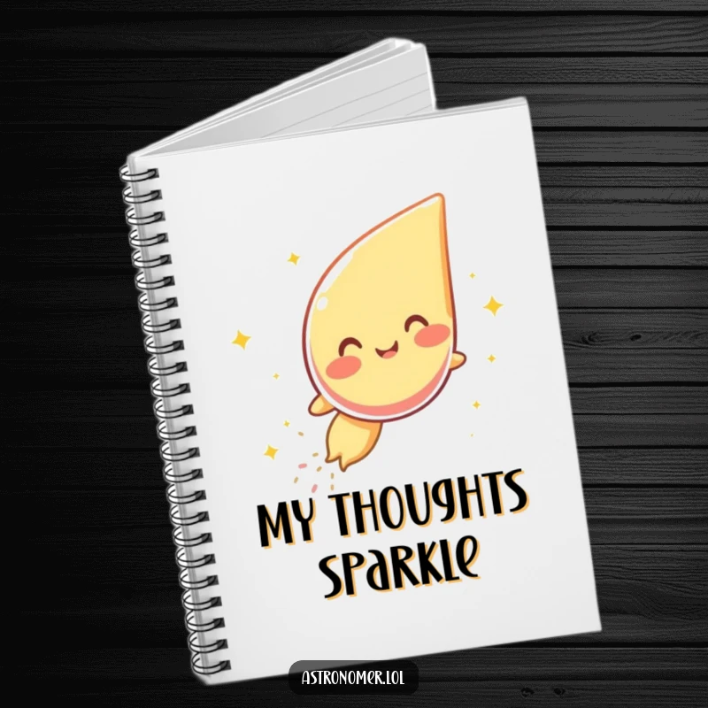 Funny notebook cover featuring a happy comet character giggling and leaving sparkly dust, perfect for jotting down funny notes.